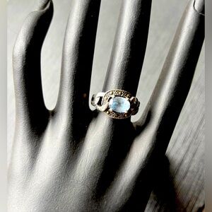 Vintage Blue Gemstone and Silver Marcasite Statement Ring
Size: 7.5